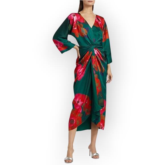 Sz 8 FIGUE Kyle Dress Floral Teal V-Neck Midi Dolman/Kimono TwistFront Satin NEW - Picture 14 of 16